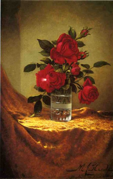 A Glass Of Roses On Gold Cloth