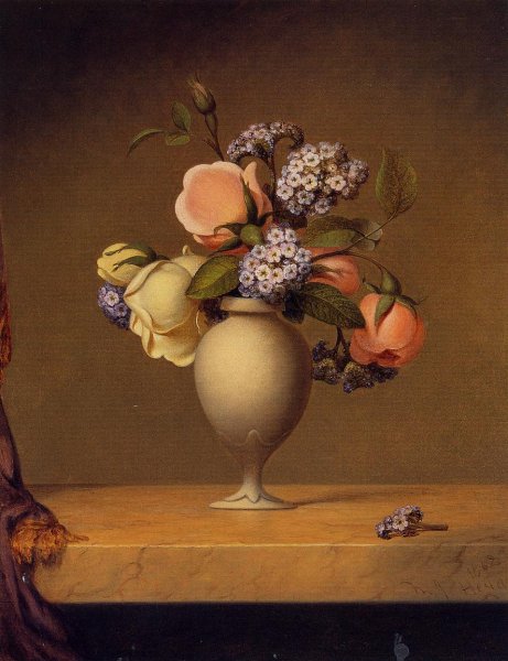 Roses And Heliotrope In A Vase On A Marble Tabletop