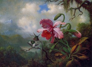 Orchid And Hummingbirds Near A Mountain Lake